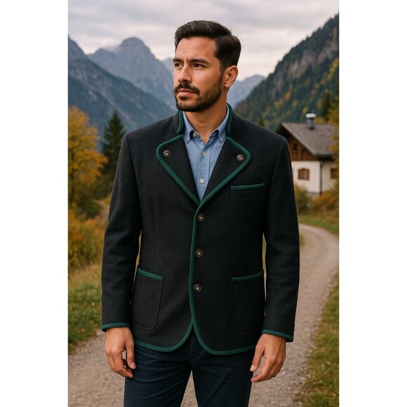 Mister H. by Peter Hahn Other - Mister H. by Peter Hahn Black Wool Jacket with Green Trim | Austrian Trachten Bl